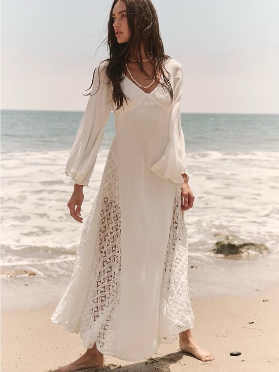Free People Dresses & Skirts - Free People Cream Crochet-Panel Maxi Dress